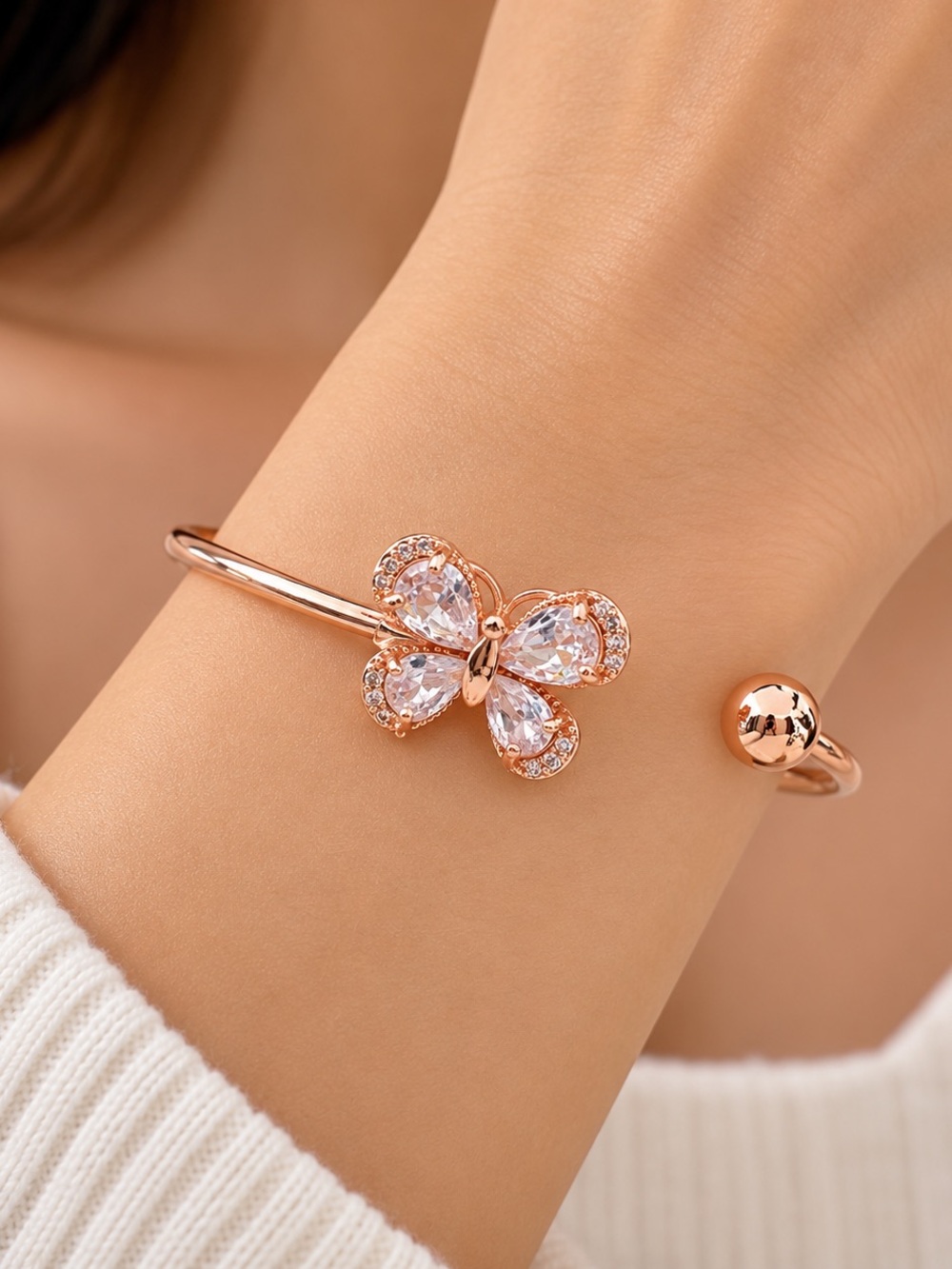 18k Layered Rose Gold Butterfly Open Cuff Bracelet Crystal Rhinestone Bangle